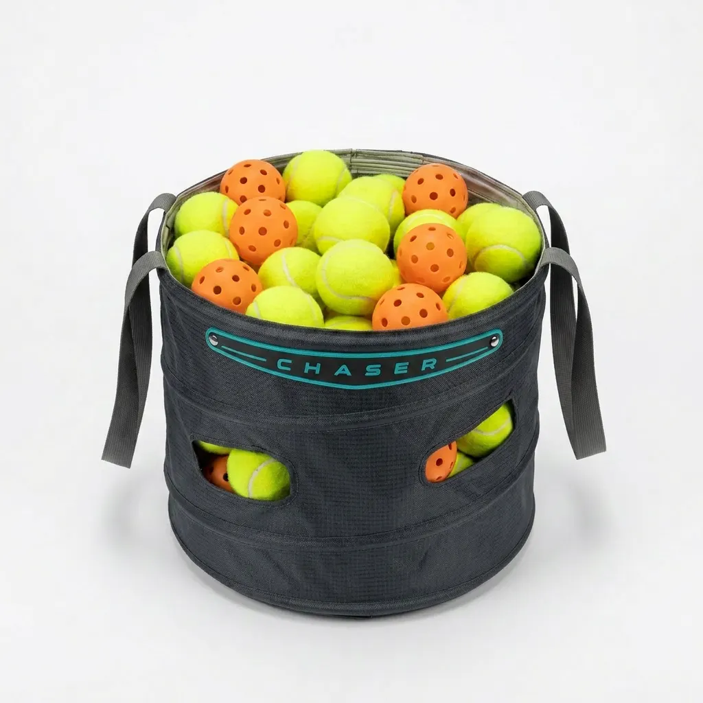 Detachable fabric Chaser hopper full of tennis balls